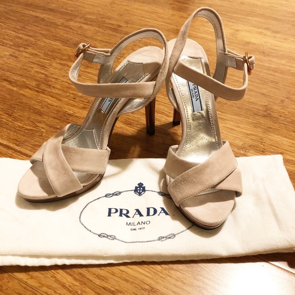 Prada Shoes - NWT Prada beige tan suede ankle strap heels. Sz 6